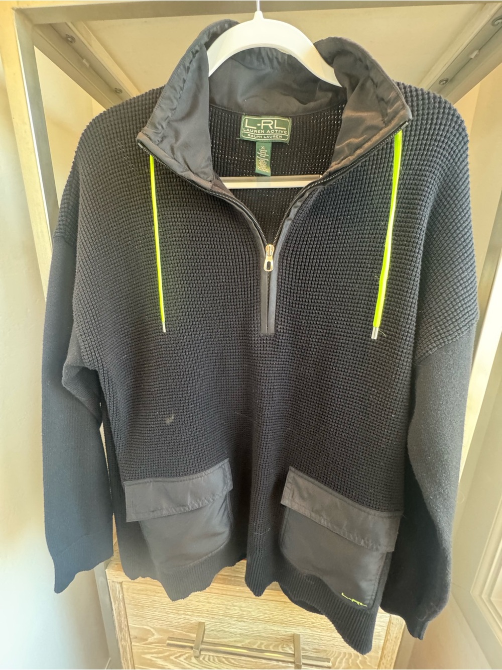 L.L. RL Black Half-Zip V-Neck Sweater with Neon Green Drawcords